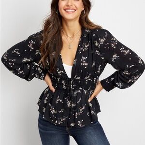 Silver Jeans Black Floral Smocked Waist Collared Peasant Blouse Xsmall Women’s